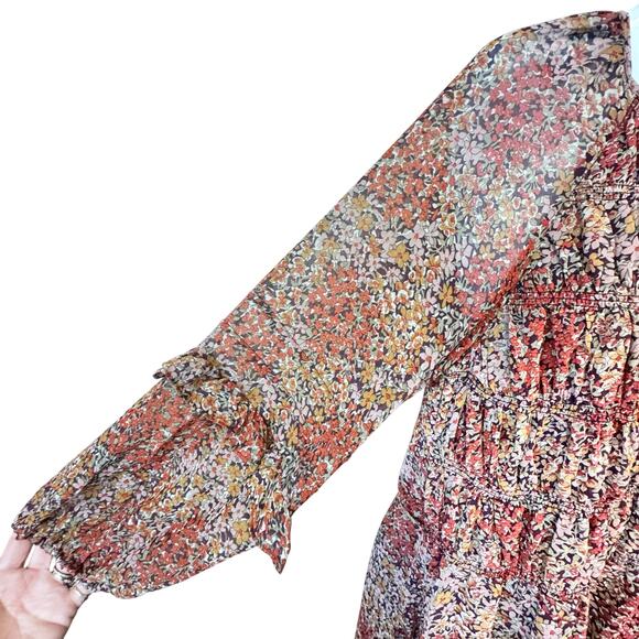 New MNG Mango Chiffon Floral Print Maxi Dress Smocked Ruffles Sz XS - Picture 7 of 16